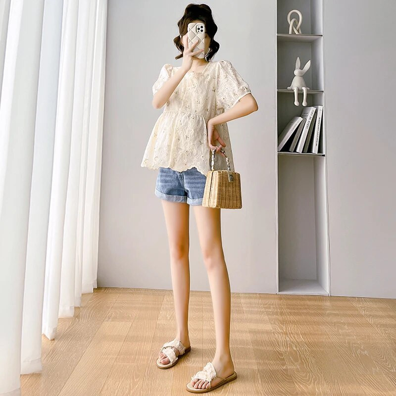 Čipkaste majice za trudnice u korejskom stilu, kratkih rukava, četvrtasti ovratnik, dugmad, bluze za trudnice, slatke trudničke majice od organze