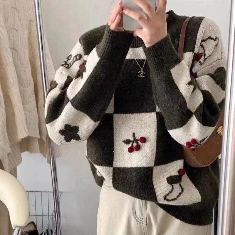 Karirani prsluk sa šahovskom pločom Top za žene Vintage Print Pleteni mini prsluk Ulična Harajuku odjeća Jesen Top Božić