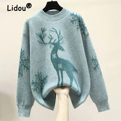 Rudens ziema 2022 O veida kakla Ziemassvētku apdruka ar dzīvniekiem Trikotāžas džemperi sievietēm Eleganti modes Dimanti Korejas modes džemperis