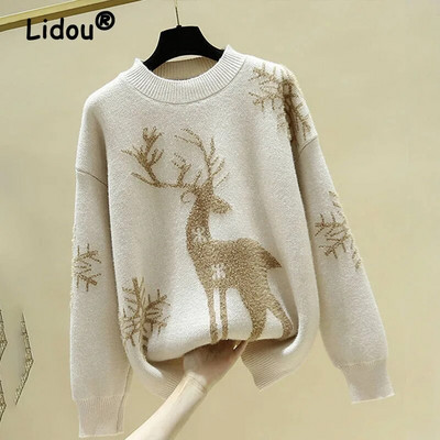 Rudens ziema 2022 O veida kakla Ziemassvētku apdruka ar dzīvniekiem Trikotāžas džemperi sievietēm Eleganti modes Dimanti Korejas modes džemperis
