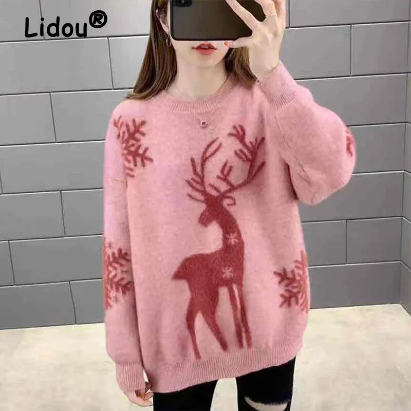 Rudens ziema 2022 O veida kakla Ziemassvētku apdruka ar dzīvniekiem Trikotāžas džemperi sievietēm Eleganti modes Dimanti Korejas modes džemperis