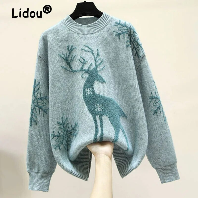 Rudens ziema 2022 O veida kakla Ziemassvētku apdruka ar dzīvniekiem Trikotāžas džemperi sievietēm Eleganti modes Dimanti Korejas modes džemperis