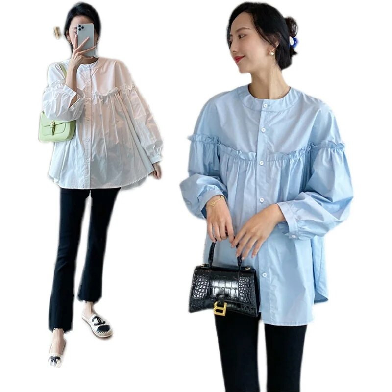 Grūtnieču brīva blūze Kokvilnas garajām piedurknēm stāva apkakle Eiropas modes dizaina grūtnieču blūze