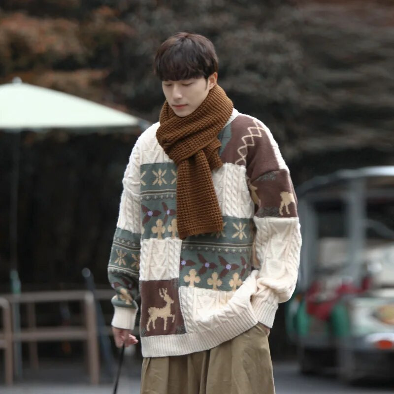 Pērtas cilvēki savārstījums krāsu kontrasts pāris Ziemassvētku džemperis modes brīvs adījums ziemas sabiezināts apaļa kakla džemperis vīriešu džemperis