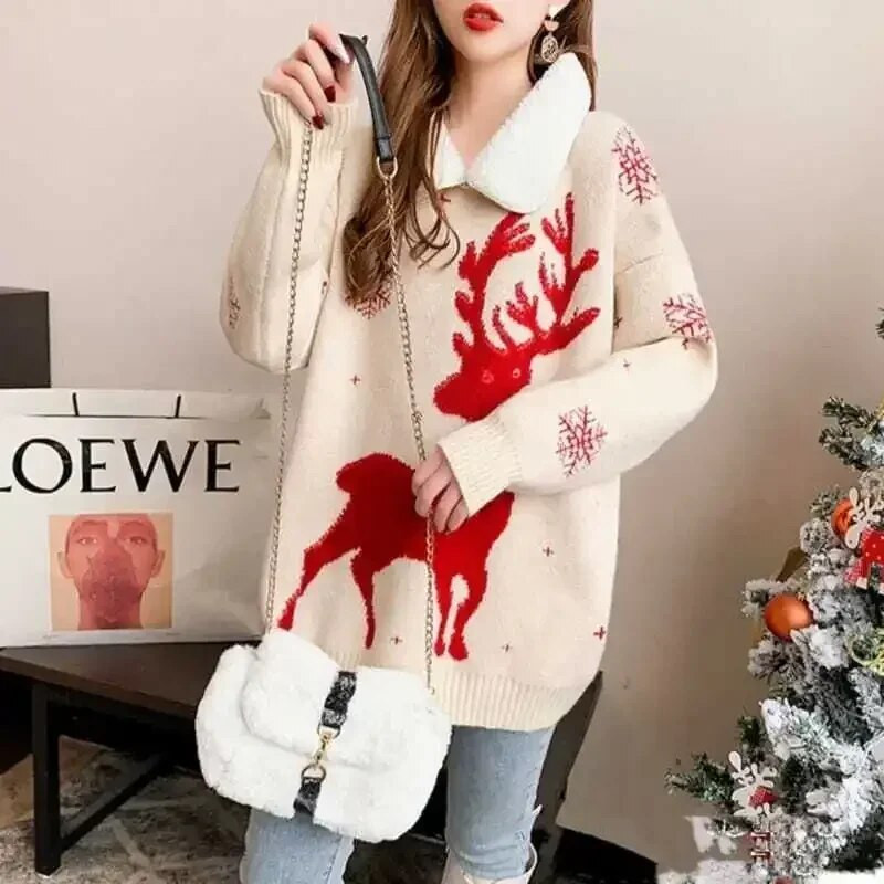 NOVO korejsko izdanje za jesen/zimu 2023. Novi podebljani božićni crveni džemper Modni dizajnerski stil Ženska pletenina