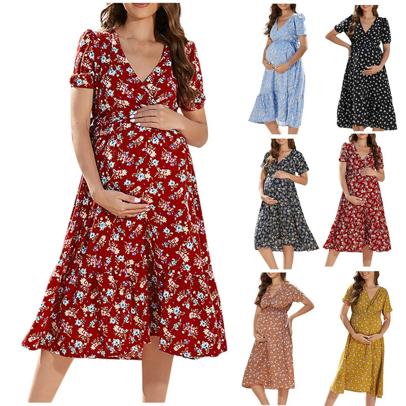 Trudnička haljina, ljetna haljina s volanima i rukavima s bočnim naborima, trudničke haljine za novorođenče, Odjeća za trudnice za fotografije