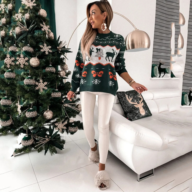 Sieviešu džemperis Neglīti Ziemassvētku džemperi Sievietēm Jautri Jauki Aļņu sniegpārsliņas Fawn Raksta Trikotāžas džemperi ziemas brīvdienām