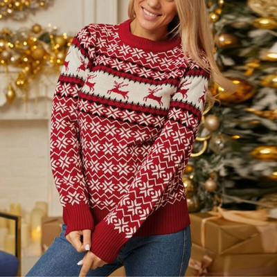 Božićni džemperi za žene Jesen Zima Ležerni pleteni džemper Ženski modni crveni topli džemper dugih rukava