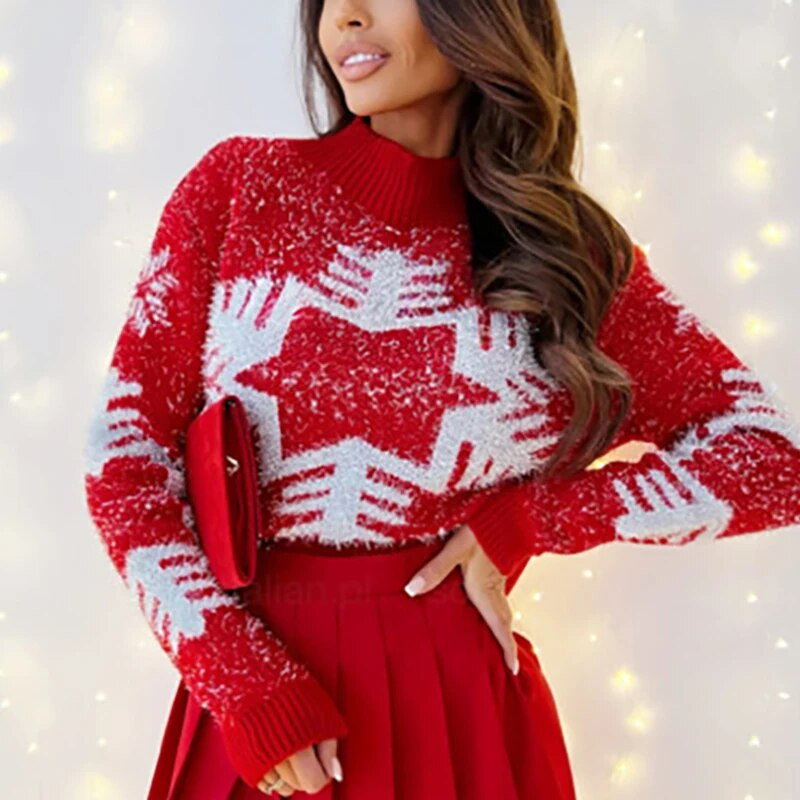 Božićni džemperi za žene Jesen Zima Ležerni pleteni džemper Ženski modni crveni topli džemper dugih rukava