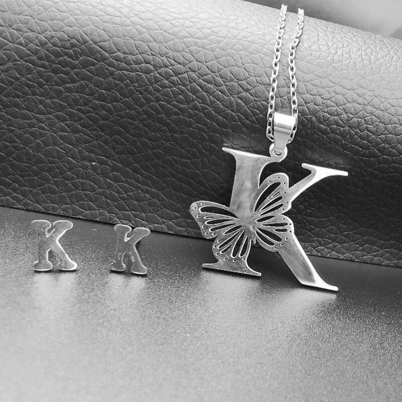 Otmjena velika šuplja ogrlica s leptir slovima, osobnost, nehrđajući čelik, srebrna boja, inicijali, privjesak, ovratnik, lanac, ženski nakit