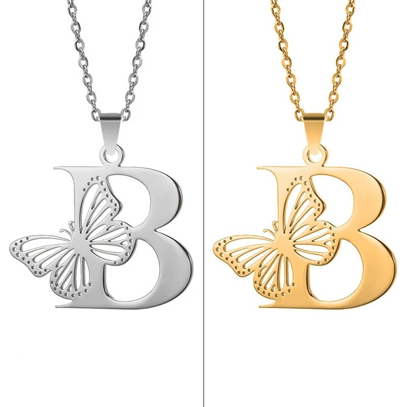 Otmjena velika šuplja ogrlica s leptir slovima, osobnost, nehrđajući čelik, srebrna boja, inicijali, privjesak, ovratnik, lanac, ženski nakit