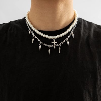 Punk mărgele de perle lanț Spikes Cruce pandantiv colier bărbați Hiphop stratificat din oțel inoxidabil Choker Colier Set 2023 bijuterii de modă