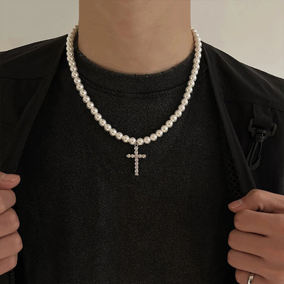Punk Pearl Beads grandinėlė Spikes Cross pakabukas kaklo papuošalas vyrams Hiphop sluoksniuotas nerūdijančio plieno kaklo karolių rinkinys 2023 m. madingi papuošalai