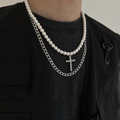 Punk Pearl Beads grandinėlė Spikes Cross pakabukas kaklo papuošalas vyrams Hiphop sluoksniuotas nerūdijančio plieno kaklo karolių rinkinys 2023 m. madingi papuošalai