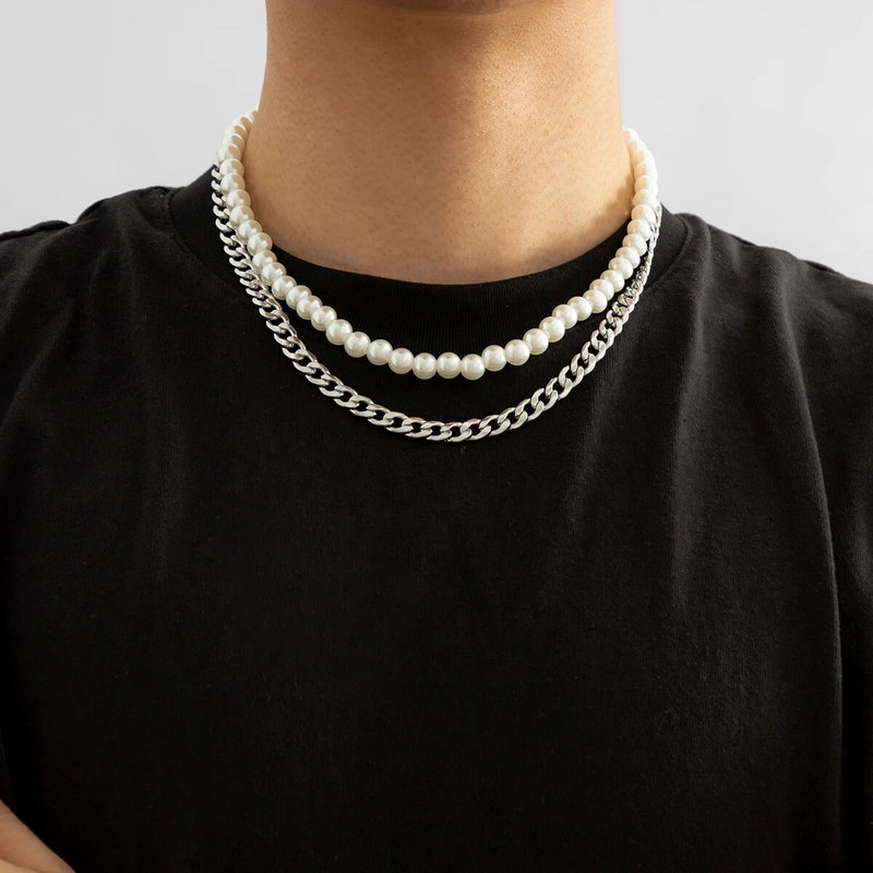Punk Pearl Beads grandinėlė Spikes Cross pakabukas kaklo papuošalas vyrams Hiphop sluoksniuotas nerūdijančio plieno kaklo karolių rinkinys 2023 m. madingi papuošalai