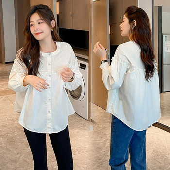 Φθινοπωρινά πουκάμισα μητρότητας 2023 Κορεάτικο στυλ Μακρυμάνικα βολάν Μπλούζες με πλισέ Μόδα Έγκυος Φαρδιά μπλουζάκια Casual