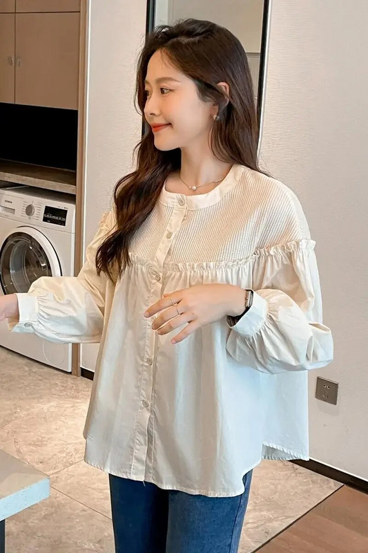 2023. gada rudens grūtnieču krekli, korejiešu stila garās piedurknes, volāni, kroku blūzes, mode, grūtnieces, brīvi topi ikdienišķi