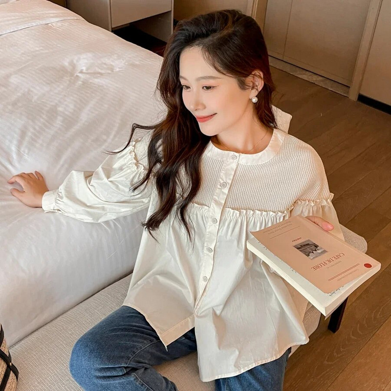 2023. gada rudens grūtnieču krekli, korejiešu stila garās piedurknes, volāni, kroku blūzes, mode, grūtnieces, brīvi topi ikdienišķi