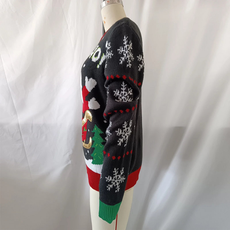 Ženski pleteni džemper s okruglim izrezom iz crtića Ženski božićni džemper dugih rukava Ležerni pulover s printom pahuljica Božićna gornja odjeća Djeda Božićnjaka