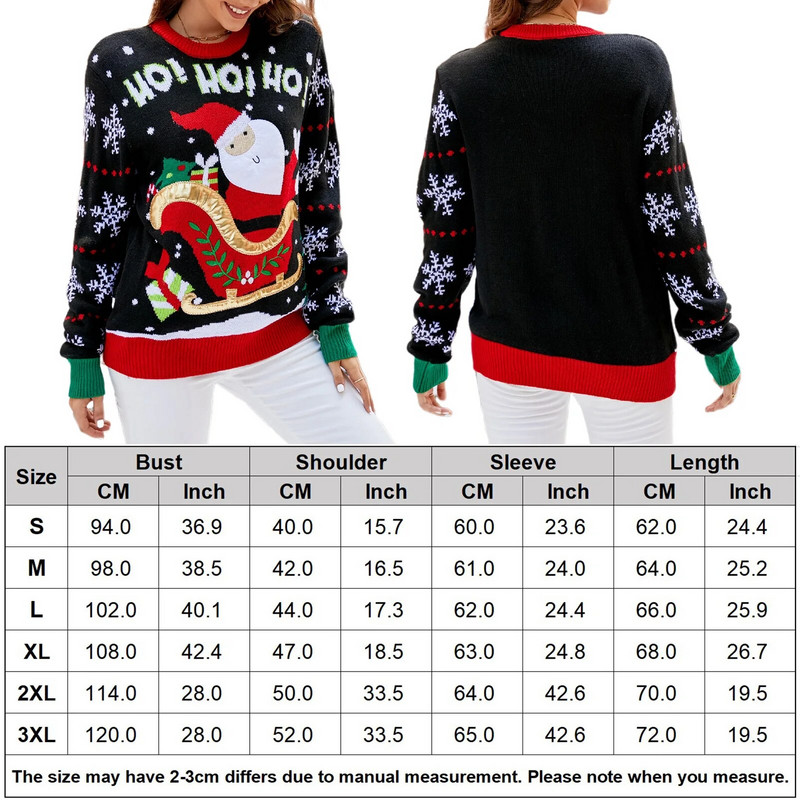 Ženski pleteni džemper s okruglim izrezom iz crtića Ženski božićni džemper dugih rukava Ležerni pulover s printom pahuljica Božićna gornja odjeća Djeda Božićnjaka