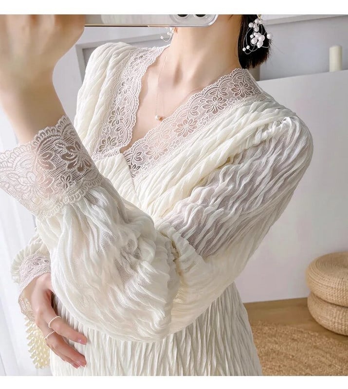 Suknelė nėščiosioms ilgomis rankovėmis, pavasarinė, rudeninė, nėriniuota V formos iškirptė, plona linija, laisvi drabužiai nėščioms moterims aukštu juosmeniu.