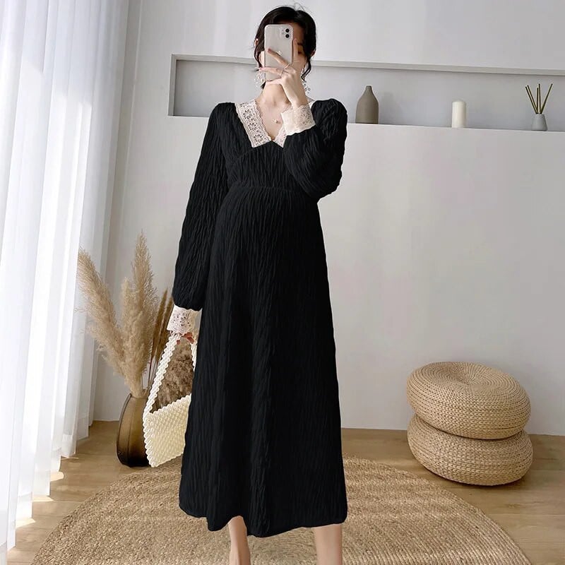 Suknelė nėščiosioms ilgomis rankovėmis, pavasarinė, rudeninė, nėriniuota V formos iškirptė, plona linija, laisvi drabužiai nėščioms moterims aukštu juosmeniu.