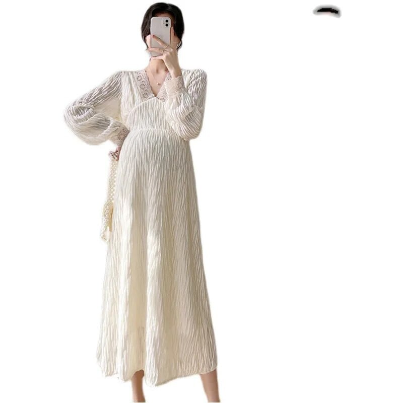 Suknelė nėščiosioms ilgomis rankovėmis, pavasarinė, rudeninė, nėriniuota V formos iškirptė, plona linija, laisvi drabužiai nėščioms moterims aukštu juosmeniu.