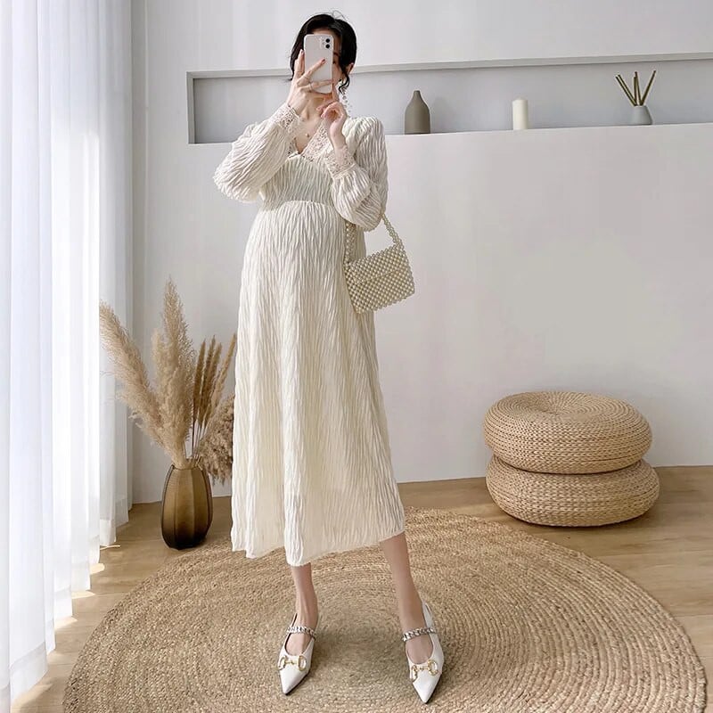 Suknelė nėščiosioms ilgomis rankovėmis, pavasarinė, rudeninė, nėriniuota V formos iškirptė, plona linija, laisvi drabužiai nėščioms moterims aukštu juosmeniu.