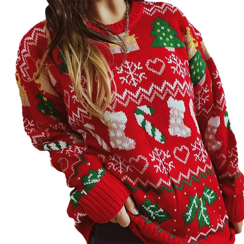 OMCHION Ženski novopristigli božićni pulover 2023. Božićne čarape Pletena odjeća s pahuljicama, ženski Kauzalni široki pulover Jeftina odjeća