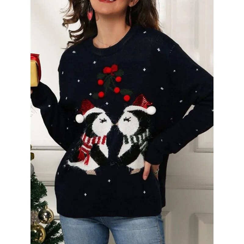2023. g. Ziemassvētki ar garām piedurknēm sieviešu ikdienišķs džemperis Rudens ziema, jauks pingvīns, žakarda sieviešu pulovers, modes trikotāžas džemperis