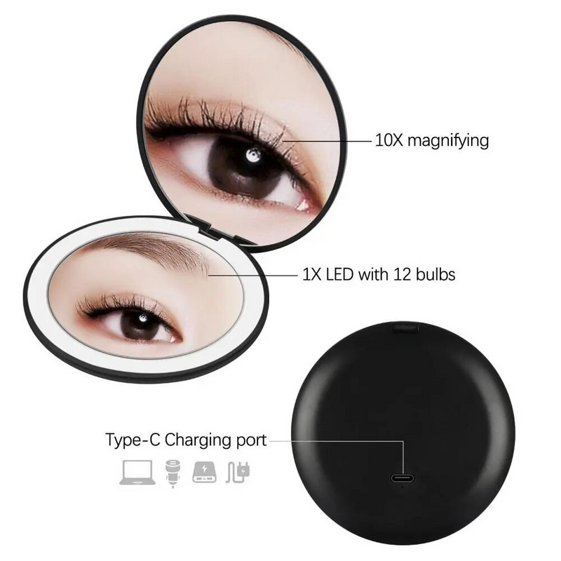 2X/10X didinamasis veidrodis rankinis makiažo veidrodis 6500K LED makiažo veidrodis dvipusis kišeninis makiažo veidrodis Magnetinis kosmetinis veidrodis