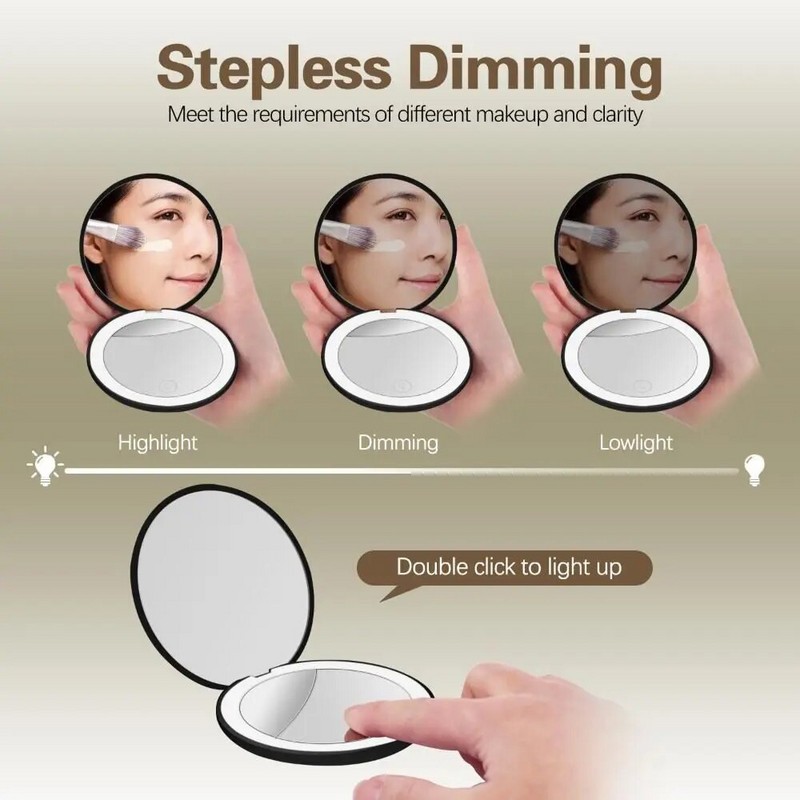 2X/10X didinamasis veidrodis rankinis makiažo veidrodis 6500K LED makiažo veidrodis dvipusis kišeninis makiažo veidrodis Magnetinis kosmetinis veidrodis
