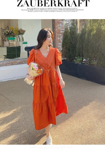 Zili oranža vasaras kleita grūtniecēm liela izmēra piedurknēm ar V veida kakla izgriezumu grūtniecēm ButtonFly māsu kleita brīva zīdīšanas kleita