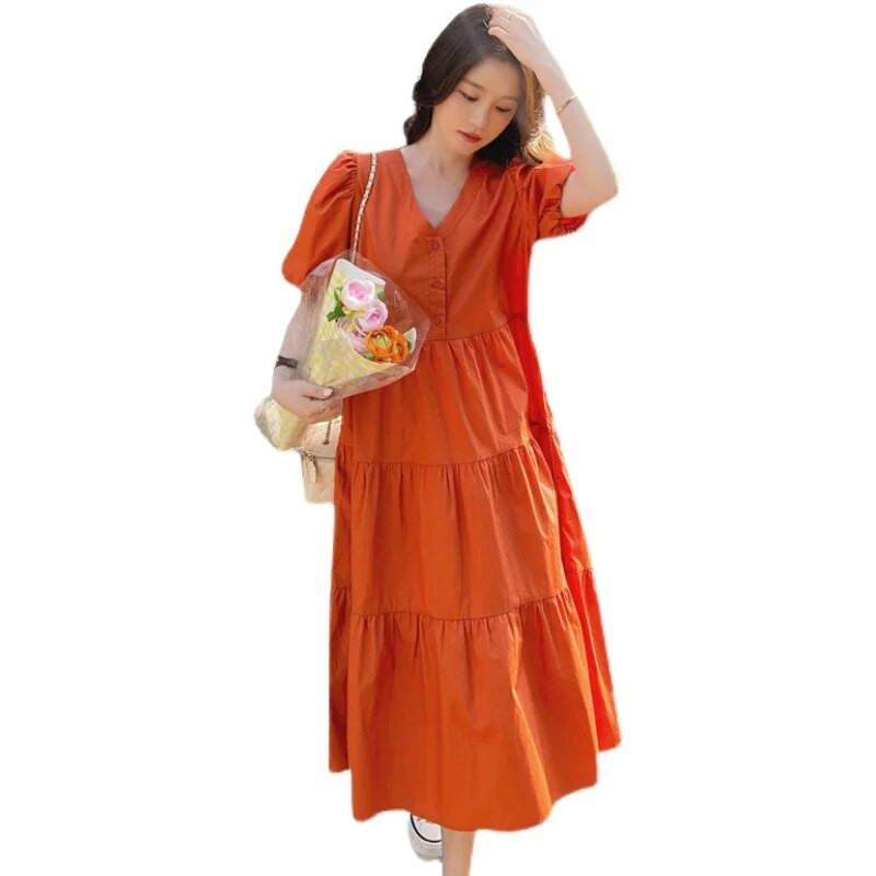 Zili oranža vasaras kleita grūtniecēm liela izmēra piedurknēm ar V veida kakla izgriezumu grūtniecēm ButtonFly māsu kleita brīva zīdīšanas kleita