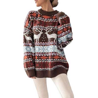 Trikotažo megztinis Moteriškas rudens žiemos megztinis Laisvas snaigės elnio raštas ilgomis rankovėmis laisvalaikio kaklo kalėdinė Kalėdų mada