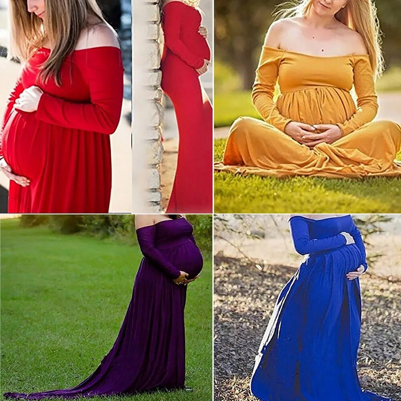 Ženska trudnička haljina Trudnička haljina s otvorenim ramenima Elegantna haljina za trudnice Rastezljive haljine s otvorenim ramenima dugih rukava