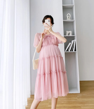 Jednobojna haljina od šifona za trudnice za ljeto 2023. Nova svježa vilinska odjeća za trudnice V-izrez do koljena Vestidos za trudnice