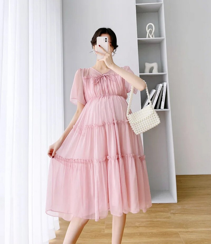 Jednobojna haljina od šifona za trudnice za ljeto 2023. Nova svježa vilinska odjeća za trudnice V-izrez do koljena Vestidos za trudnice