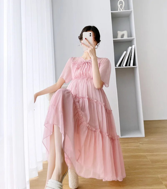 Jednobojna haljina od šifona za trudnice za ljeto 2023. Nova svježa vilinska odjeća za trudnice V-izrez do koljena Vestidos za trudnice