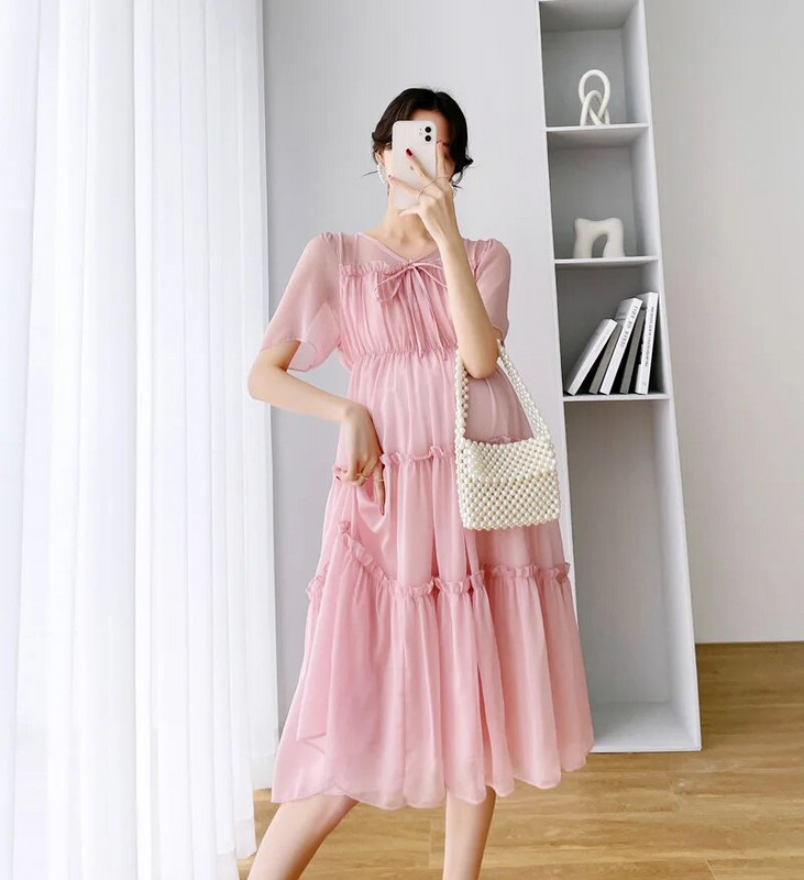 Jednobojna haljina od šifona za trudnice za ljeto 2023. Nova svježa vilinska odjeća za trudnice V-izrez do koljena Vestidos za trudnice