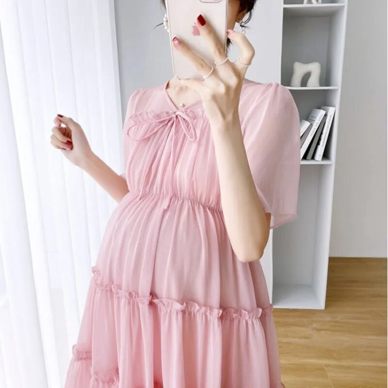 Jednobojna haljina od šifona za trudnice za ljeto 2023. Nova svježa vilinska odjeća za trudnice V-izrez do koljena Vestidos za trudnice