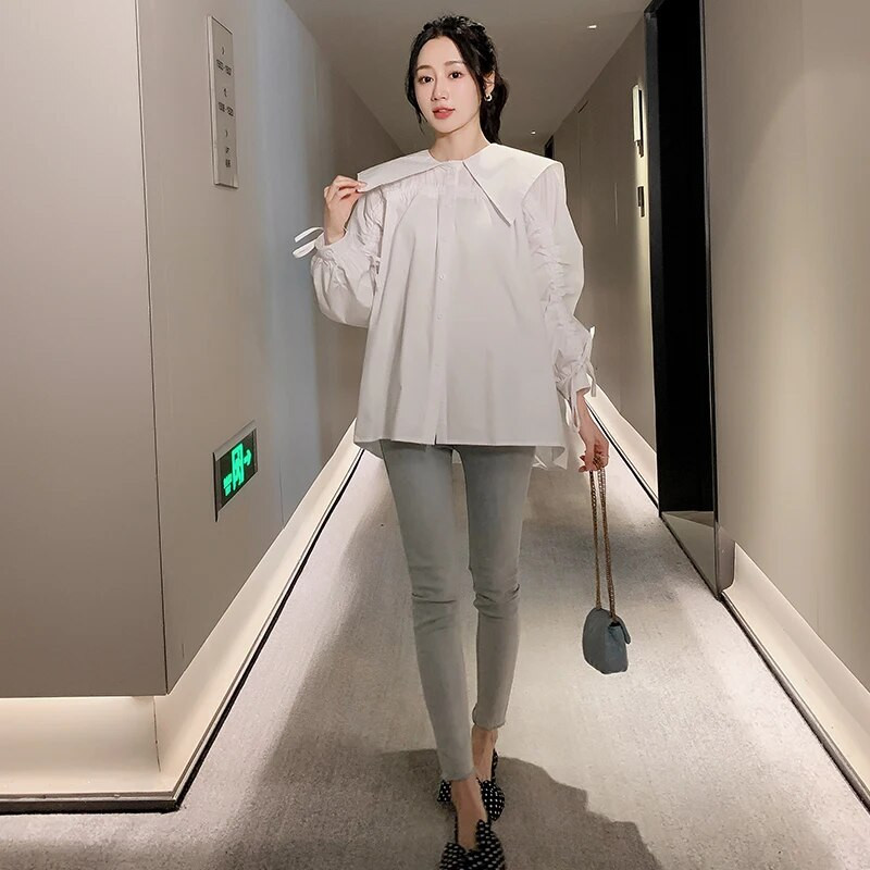 Jesenske modne majice za trudnice 2023., velike veličine, dugih rukava, ovratnik na ovratnik, pamučne bluze za trudnice, trudnička odjeća