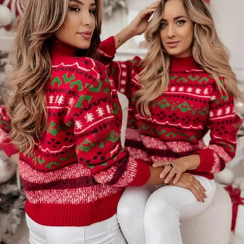 2023 Коледен дамски пуловер Sisters Girls Matching Clothes Xmas Look Mock-neck Удебелен трикотаж Топли меки джъмпери Пуловер Топ