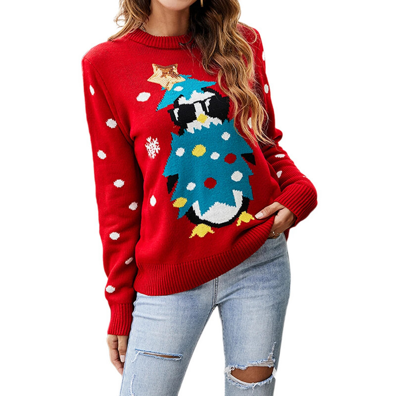 Pleteni gornji pulover s uzorkom pingvina Božićni stil Ženski pleteni pulover dugih rukava Ležerna majica s okruglim izrezom Smiješna majica