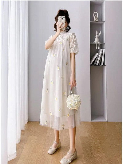 Ljeto 2023. Mrežasta haljina s vezom za trudnice izdubljena čipkana haljina s puf rukavima i dolčevitom, haljina za trudnice Cheongsam