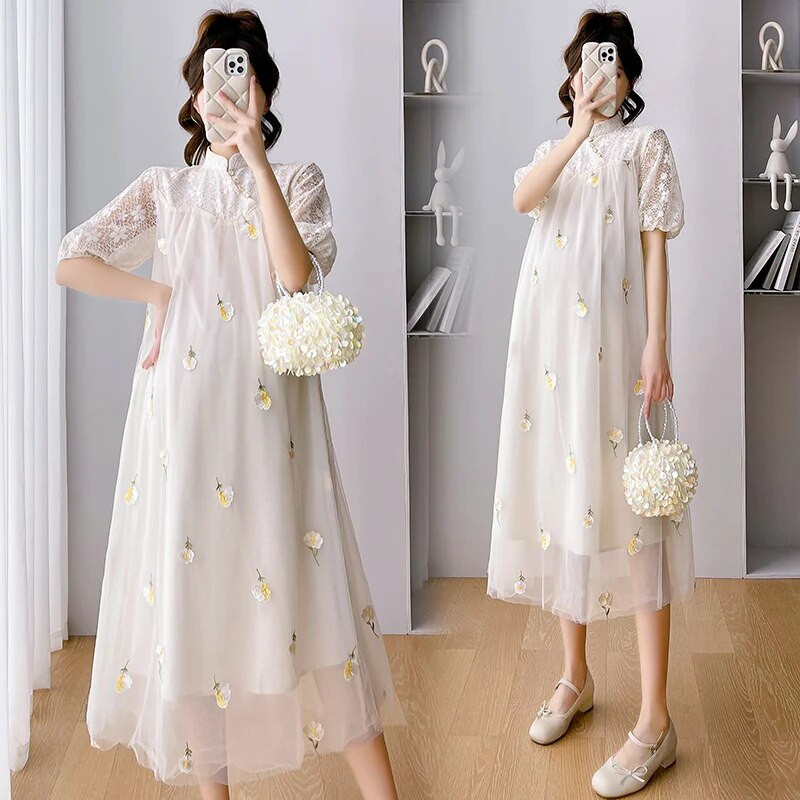 Ljeto 2023. Mrežasta haljina s vezom za trudnice izdubljena čipkana haljina s puf rukavima i dolčevitom, haljina za trudnice Cheongsam