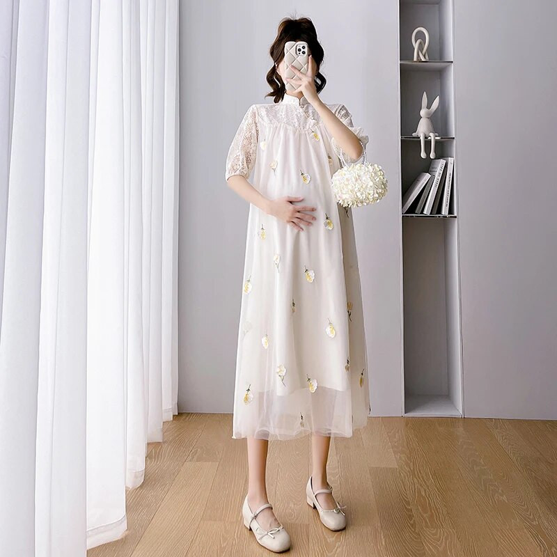 Ljeto 2023. Mrežasta haljina s vezom za trudnice izdubljena čipkana haljina s puf rukavima i dolčevitom, haljina za trudnice Cheongsam