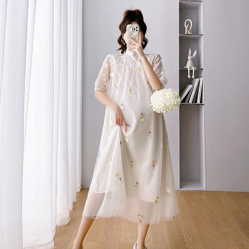 Ljeto 2023. Mrežasta haljina s vezom za trudnice izdubljena čipkana haljina s puf rukavima i dolčevitom, haljina za trudnice Cheongsam