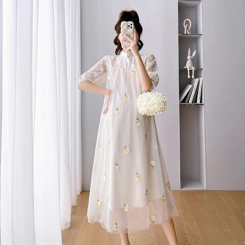 Ljeto 2023. Mrežasta haljina s vezom za trudnice izdubljena čipkana haljina s puf rukavima i dolčevitom, haljina za trudnice Cheongsam