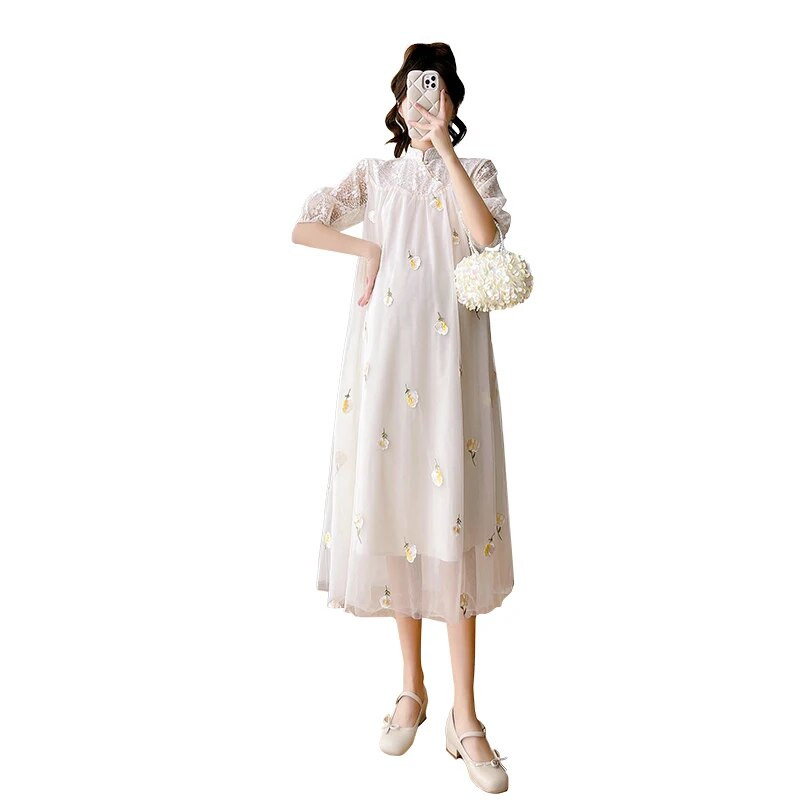 Ljeto 2023. Mrežasta haljina s vezom za trudnice izdubljena čipkana haljina s puf rukavima i dolčevitom, haljina za trudnice Cheongsam